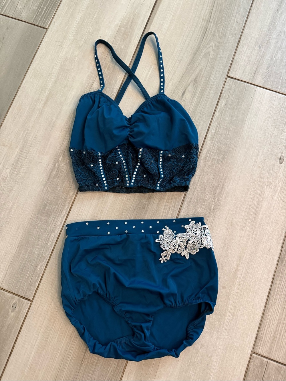 Teal Two-Piece Dance Costume Set with Lace & Rhinestones